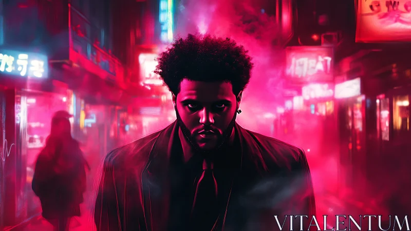 Neon-saturated urban portrait under volumetric magenta haze.