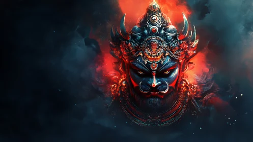 Fiery demon deity portrait in smoky cosmic void digital art.