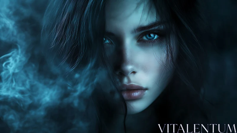 Moody blue portrait of intense woman in drifting smoke.
