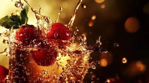 Red Berries Splash in Sparkling Juice Stream.