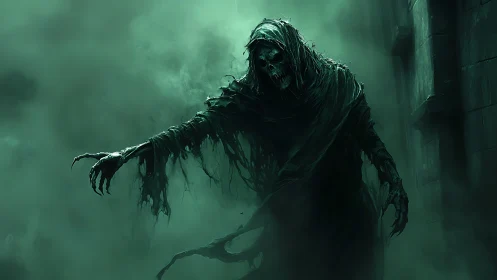 Shrouded reaper glides through eerie green misty corridor