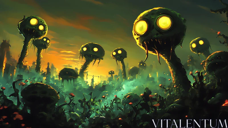 Glowing-eyed mutant plants dominate a toxic dusk landscape.