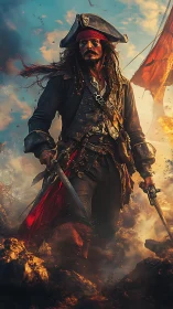 Battle-hardened pirate captain strides through burning shore.