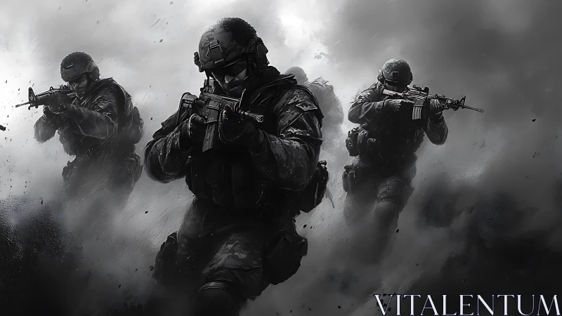 Armed tactical team advancing through dense battlefield smoke.