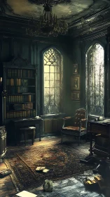 Decayed Victorian study interior with volumetric light and aged wood