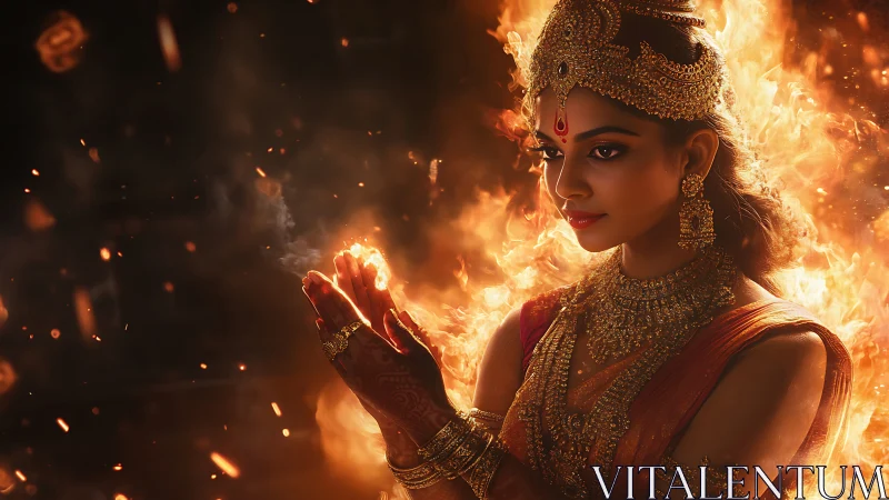 Fire crowned goddess in ember-lit devotion and molten grace.