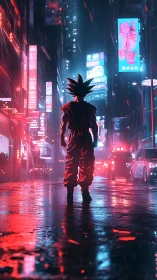 Neon warrior strides through rainlit cyber city dreamscape.