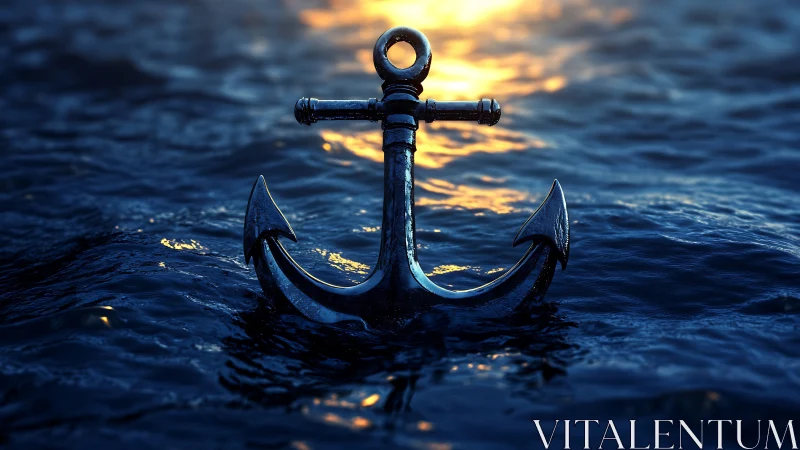 Chromed maritime anchor in specular evening ocean field.