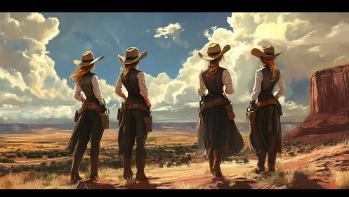 Four Cowgirls Overlooking Western Desert, Cinematic Digital Art.
