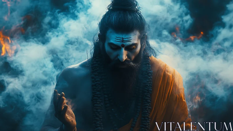 Monk figure in smoke with beads and orange draped cloth.