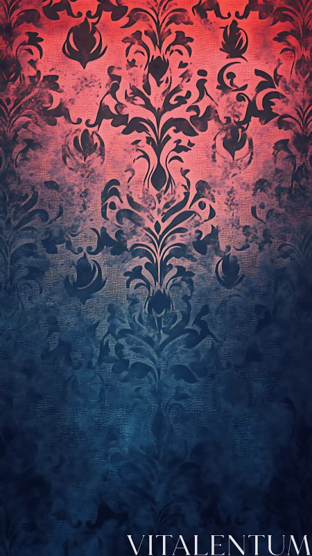 Ornate damask gradient with red to blue tonal transition and texture