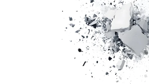 Shattered Concrete Pieces Exploding on White Background, Minimalist Style.