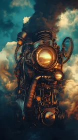 Steampunk mechanical engine structure floats inside dense clouds