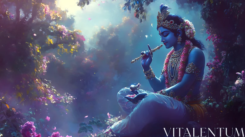 Blue-skinned deity plays flute amid volumetric-lit forest grove
