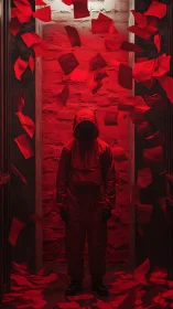 Photorealistic red corridor with hooded figure and papers.