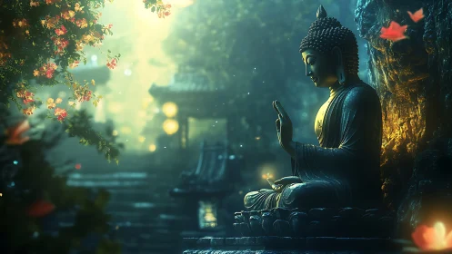 Serene Buddha statue glows amid lantern-lit forest shrine.