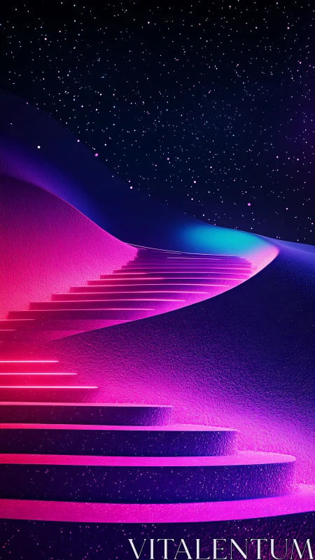 Neon stairway curves through glowing dunes at night.
