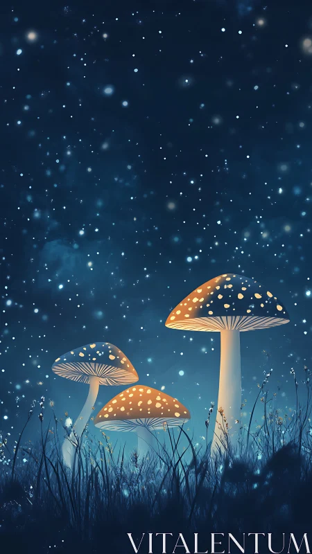 Glowing forest mushrooms basking under a dreamy starlit sky.