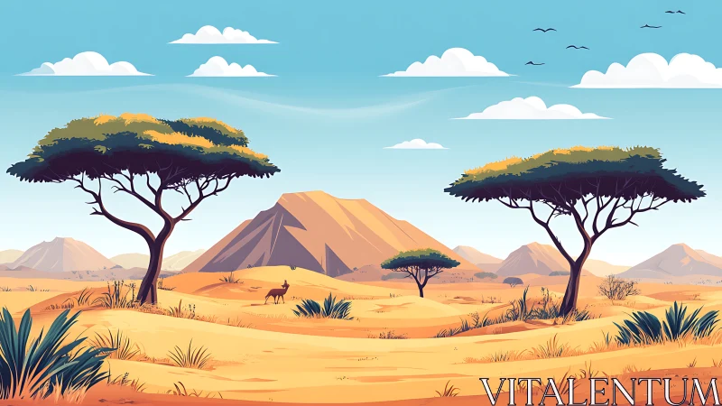 Stylized savannah landscape with acacia trees and hills.