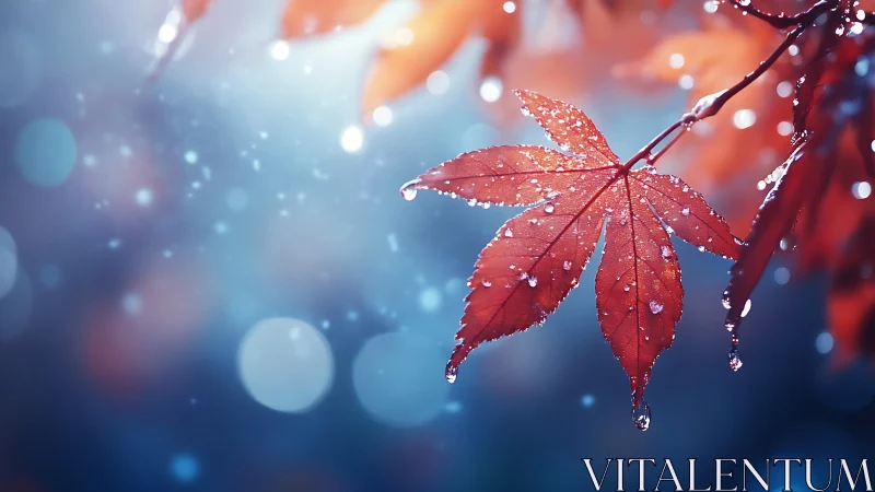 Gentle autumn leaf sparkling with raindrops at twilight.