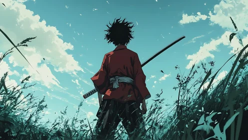 Lone samurai silhouette under vast teal summer sky.