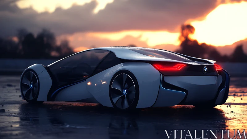 Futuristic BMW concept coupe on wet asphalt at sunset.