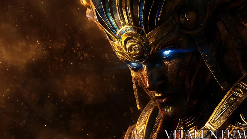 Armored gold-faced warrior with glowing blue eyes stares forward