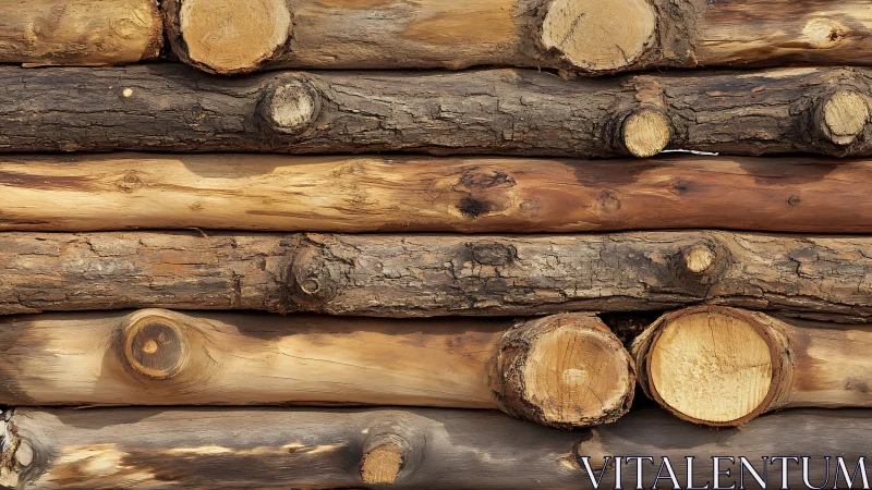 Stacked timber logs with rough bark texture closeup wall.