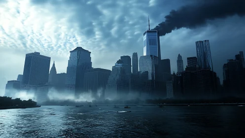Smoky blue metropolis skyline over river in cinematic light.