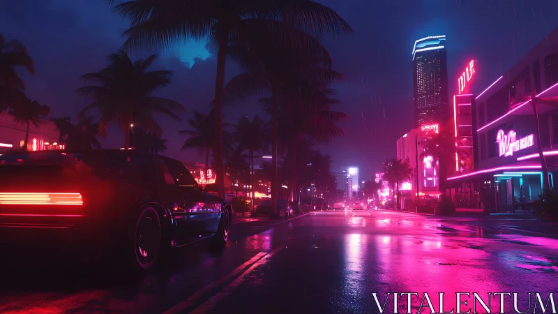 Neon soaked city street with retro car in rainfall at night.