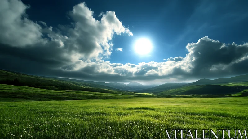 Sunlit green valley stretches beneath dramatic clouded sky.