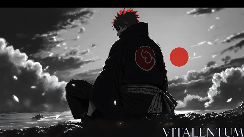 Backlit anime warrior silhouette contrasts red sun and emblem