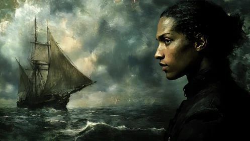 Storm-lit voyager gazing toward a restless, painted sea.