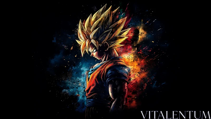 Fiery anime warrior stands poised in a storm of vivid power