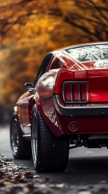 Crimson classic car glowing against a soft autumn blur.