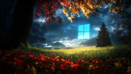 Night meadow landscape with glowing blue window symbol in sky.