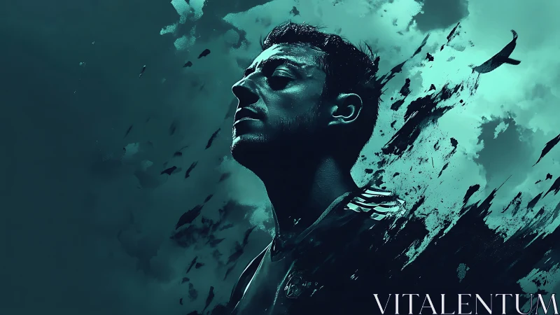 Profile portrait of male athlete dissolving into teal clouds