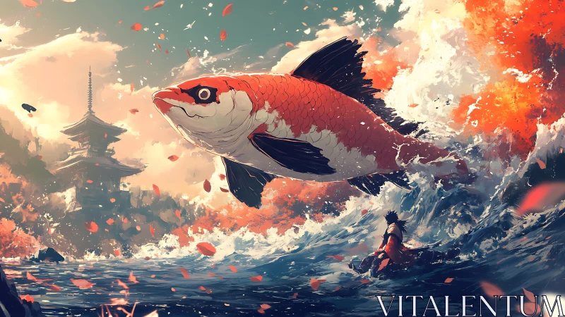 Colossal koi leaping through storm waves before distant pagoda