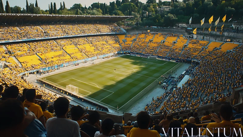 Panoramic football stadium packed with synchronized yellow crowd.