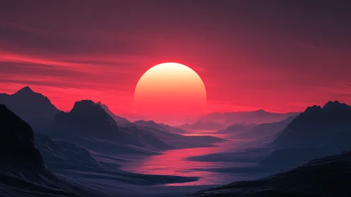 Vast alien mountains under huge glowing crimson sun.