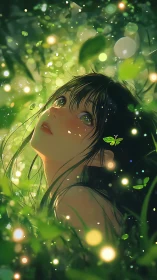 Luminous forest portrait of green-eyed girl with firefly bokeh