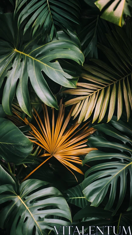 Golden palm leaf rests gently among lush green jungle