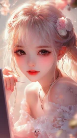 Soft-lit anime girl with floral hair accents in pastels.