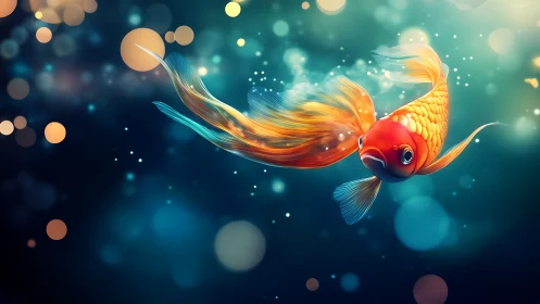 Vibrant goldfish gliding through teal bokeh underwater light.