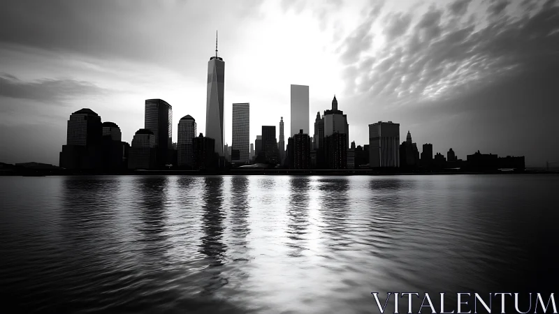 Monochrome waterfront skyline with radiant tower glow.