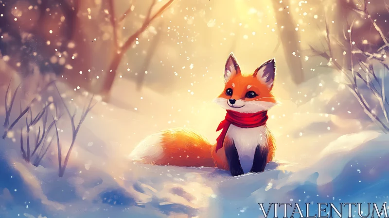 Cozy red fox in a snowy forest glow, wrapped in winter warmth.