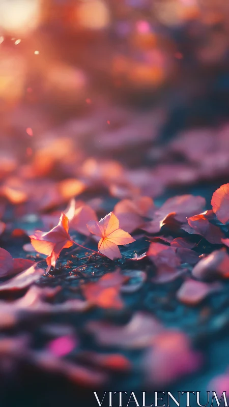 Gentle autumn glow over fallen petals and soft light.