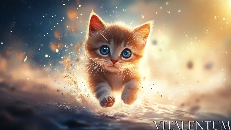 Luminous Kitten Portrait: Digital Fantasy Rendering with Ethereal Particle Effects.