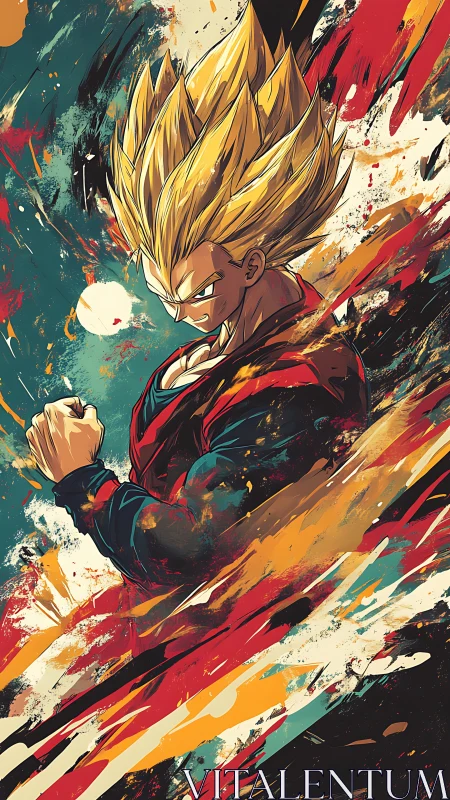 Dynamic anime warrior amid abstract energy brushstroke field.