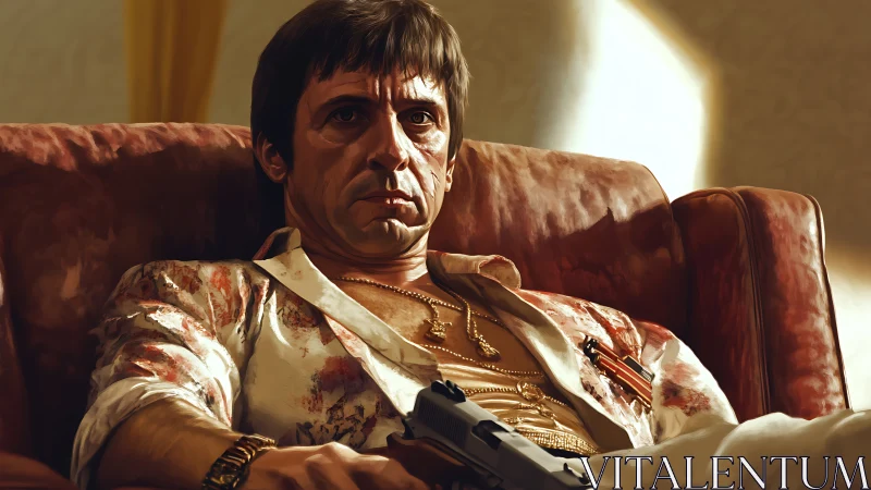 Weary kingpin slumps in velvet throne of late-night menace.